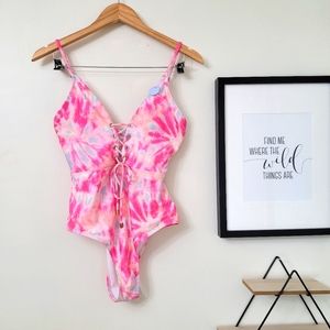 ReVamped Lace-up One Piece Pink Tie Dye Swimsuit M